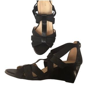 NURTURE Terrie Wedge Sandal Black Strappy Heel Elastic Dressy Shoe Summer Sz 9.5